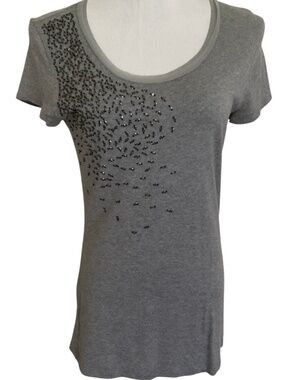 Ann Taylor Gray Short Sleeve Scoop Neck Tee with Black Sequin Accent Medium